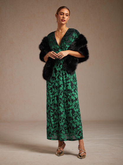 V-Neck Velvet Floral Maxi Dress