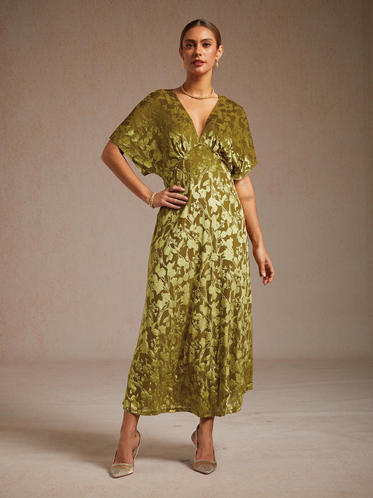 V-Neck Velvet Floral Maxi Dress