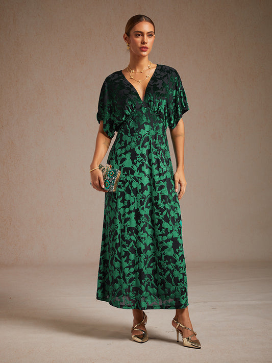 V-Neck Velvet Floral Maxi Dress