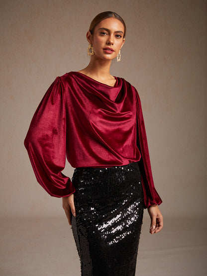 Elegant Stretch Velvet Blouse with Cowl Collar
