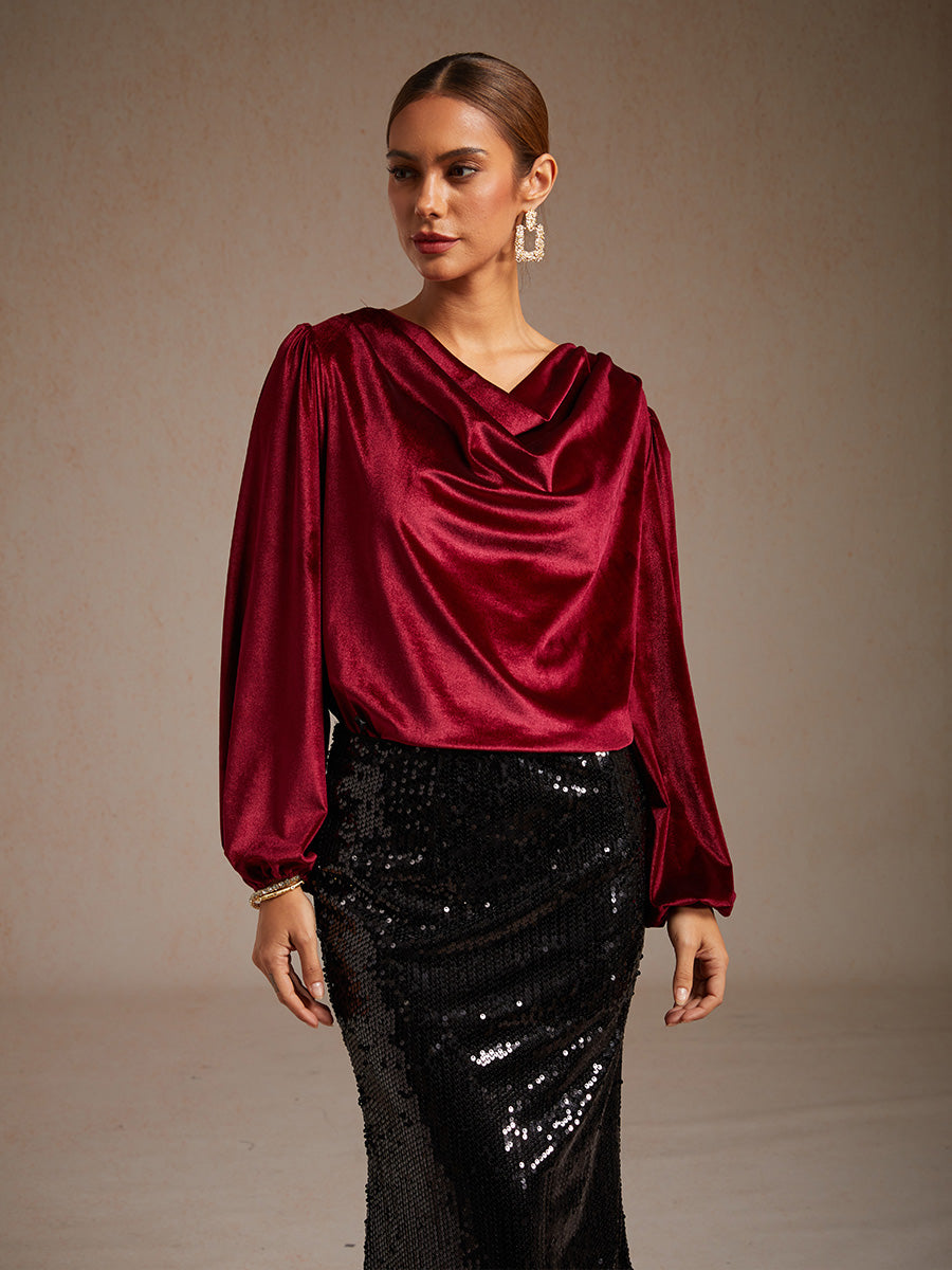 Elegant Stretch Velvet Blouse with Cowl Collar