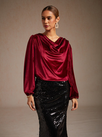 Elegant Stretch Velvet Blouse with Cowl Collar