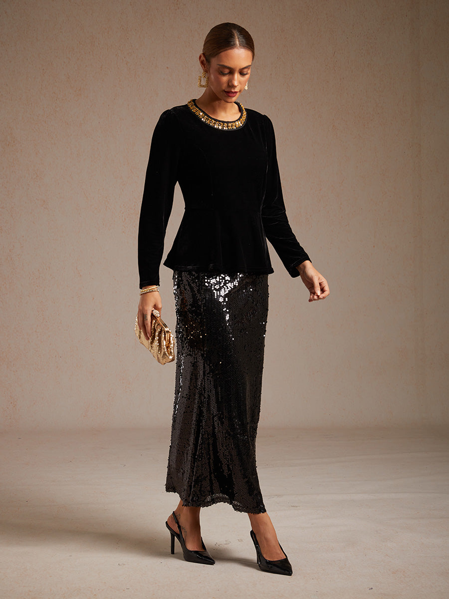 Elegant Stretch Velvet Peplum Blouse with Rhinestone Details