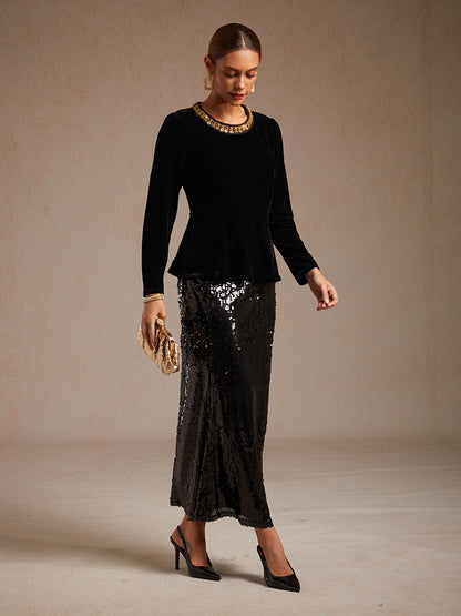 Elegant Stretch Velvet Peplum Blouse with Rhinestone Details