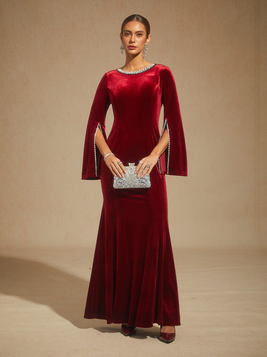 Velvet Evening Gown with Beaded Trim Detail