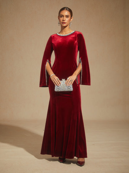 Velvet Evening Gown with Beaded Trim Detail