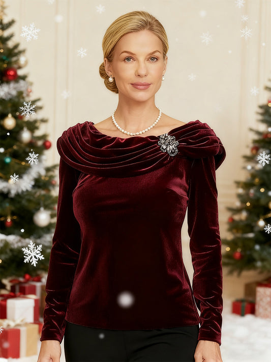 Long Sleeve Velvet Blouse with Ruched Collar