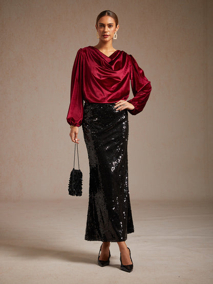 Elegant Stretch Velvet Blouse with Cowl Collar