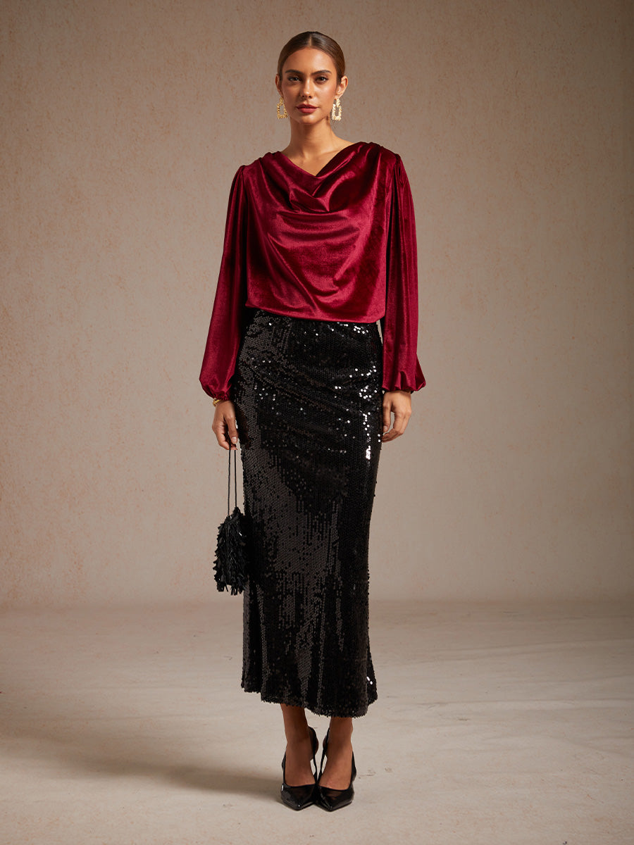 Elegant Stretch Velvet Blouse with Cowl Collar