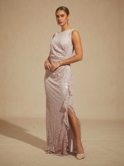 Lace Sequin Maxi Dress with Ruffle Detail