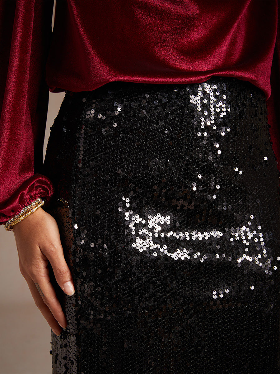 Sequin Mermaid Skirt with Elastic Waist and Lining