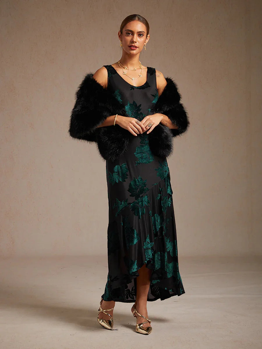 Velvet Floral Evening Gown with Asymmetrical Hem