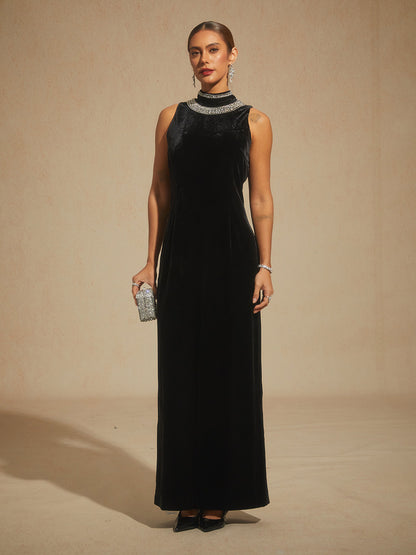 Backless Beaded Stretch Velvet Evening Gown