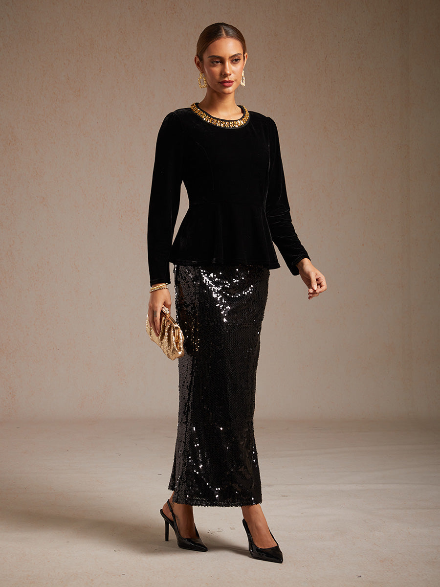 Elegant Stretch Velvet Peplum Blouse with Rhinestone Details