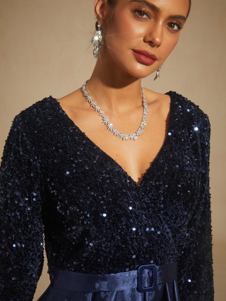 Velvet Sequin Satin Evening Gown