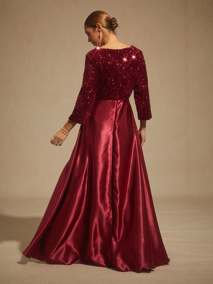Velvet Sequin Satin Evening Gown