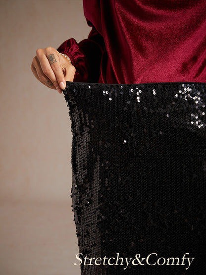 Sequin Mermaid Skirt with Elastic Waist and Lining