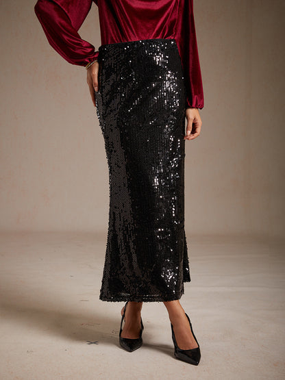 Sequin Mermaid Skirt with Elastic Waist and Lining