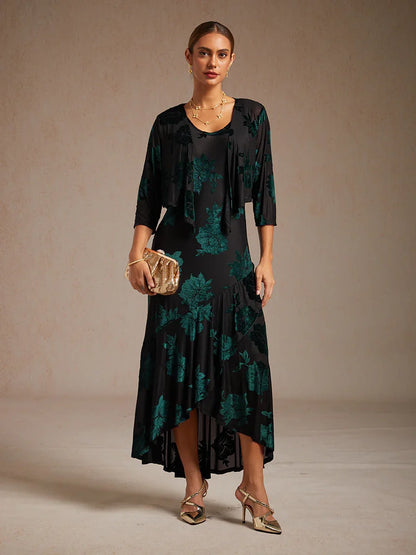 Velvet Floral Evening Gown with Asymmetrical Hem