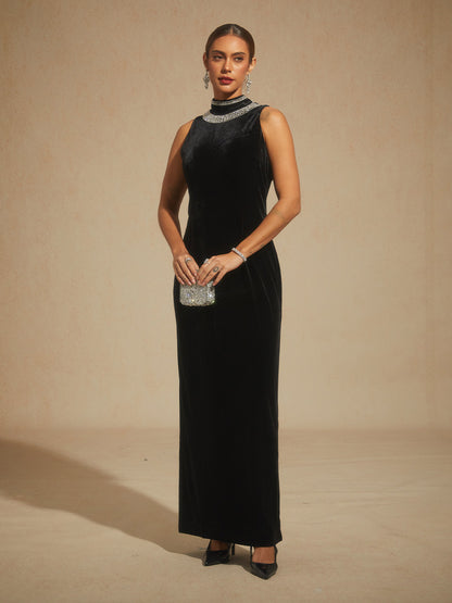Backless Beaded Stretch Velvet Evening Gown