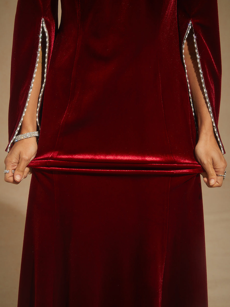 Velvet Evening Gown with Beaded Trim Detail