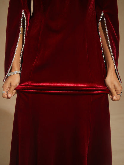 Velvet Evening Gown with Beaded Trim Detail