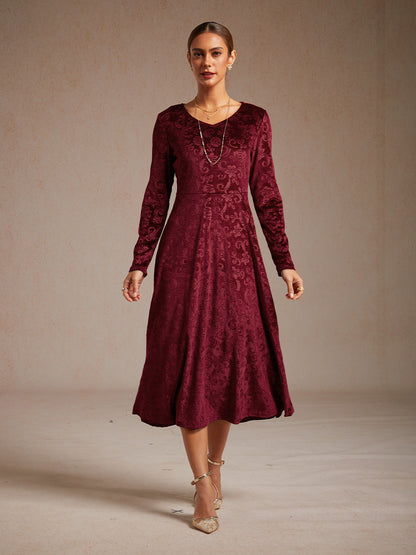 Velvet Midi Dress with Embossed Paisley Pattern
