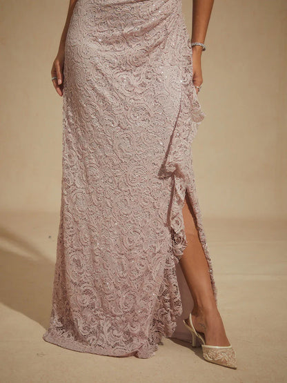 Lace Sequin Maxi Dress with Ruffle Detail