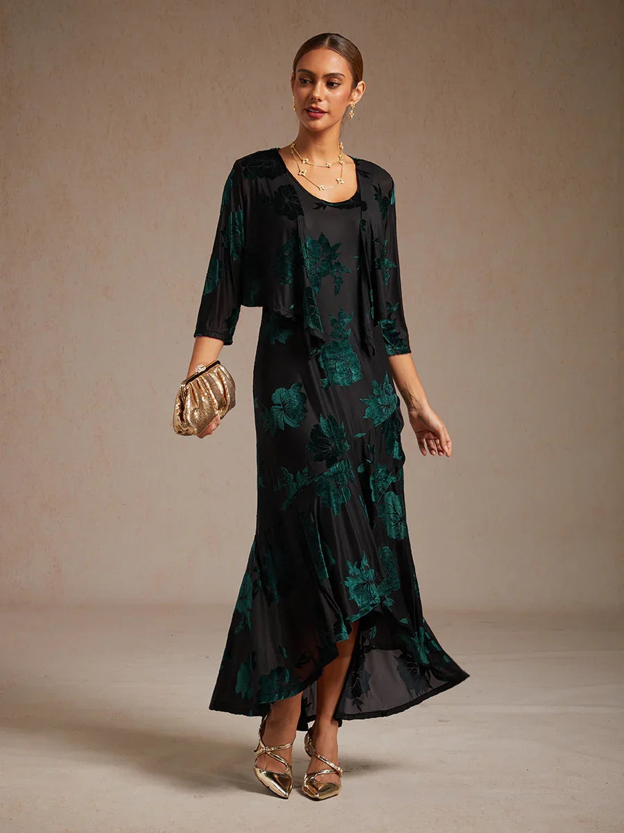 花卉彈性天鵝絨七分袖披肩