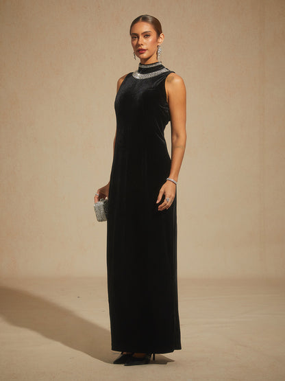 Backless Beaded Stretch Velvet Evening Gown