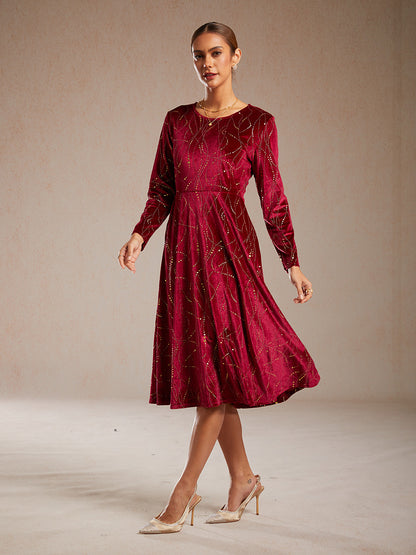 Velvet A-Line Dress Gold Foil with Pockets