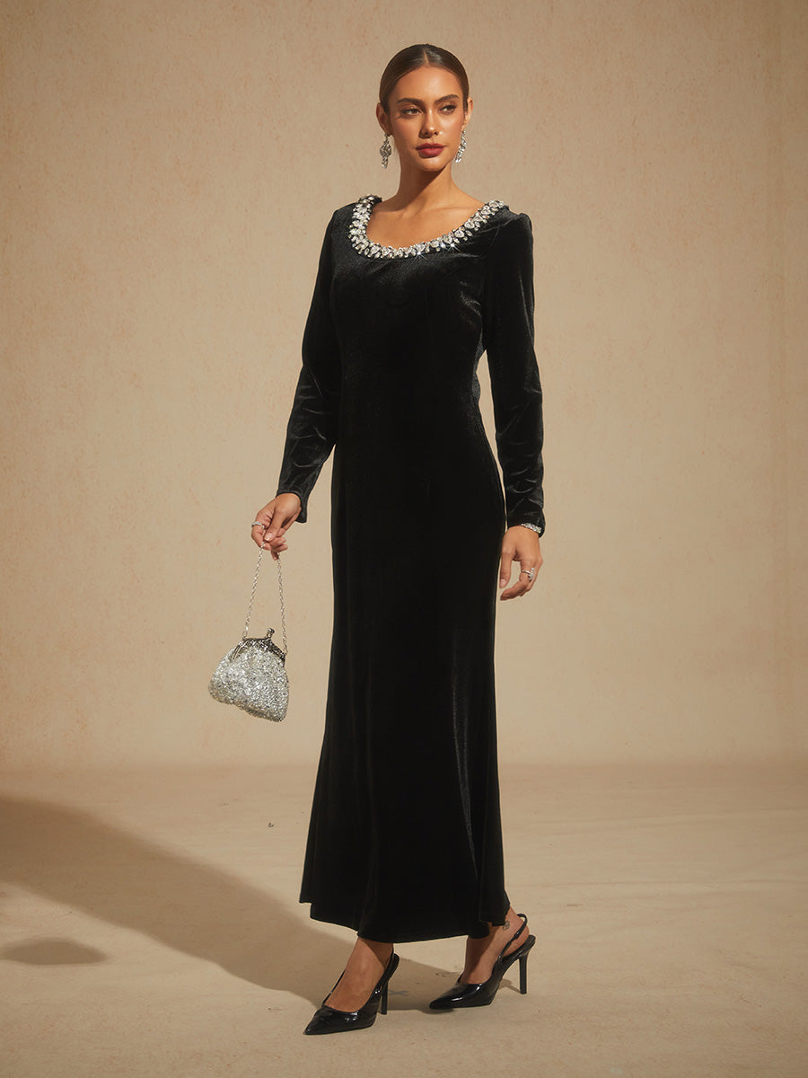 Stretch Velvet Evening Gown with Rhinestone Embellished