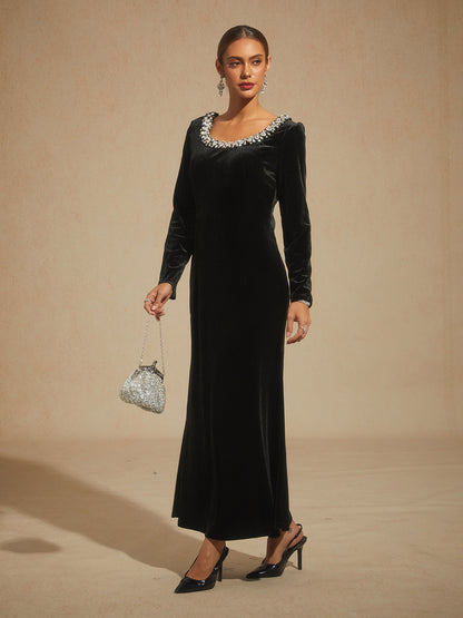 Stretch Velvet Evening Gown with Rhinestone Embellished
