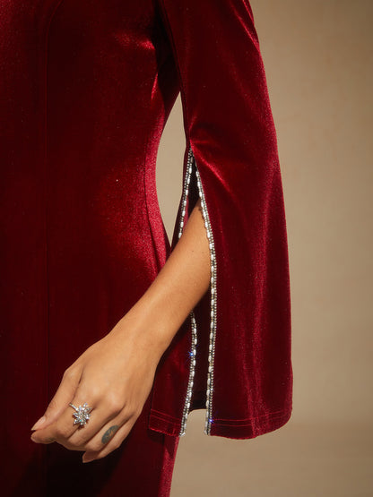 Velvet Evening Gown with Beaded Trim Detail