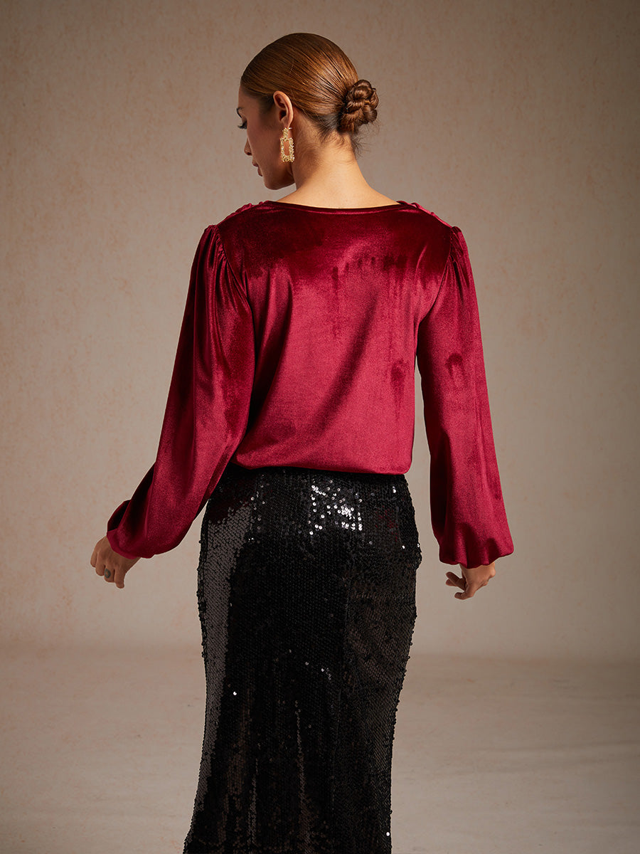 Elegant Stretch Velvet Blouse with Cowl Collar