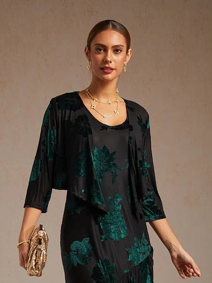 花卉彈性天鵝絨七分袖披肩