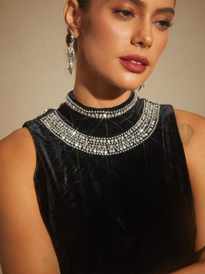 Backless Beaded Stretch Velvet Evening Gown