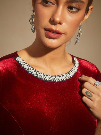 Velvet Evening Gown with Beaded Trim Detail