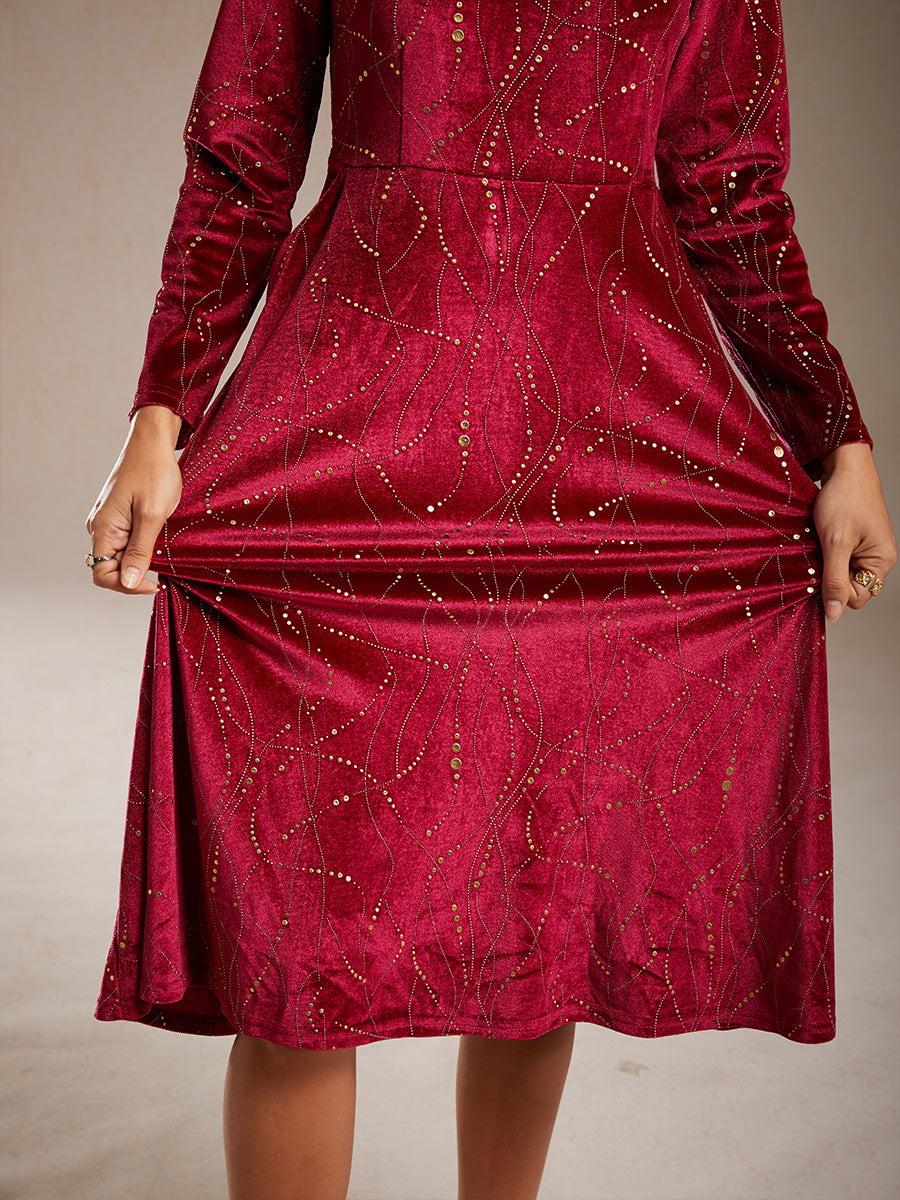 Velvet A-Line Dress Gold Foil with Pockets