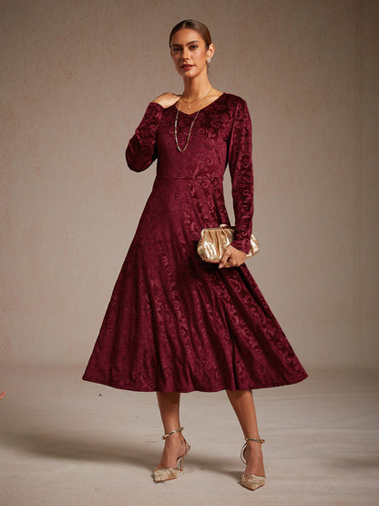 Velvet Midi Dress with Embossed Paisley Pattern
