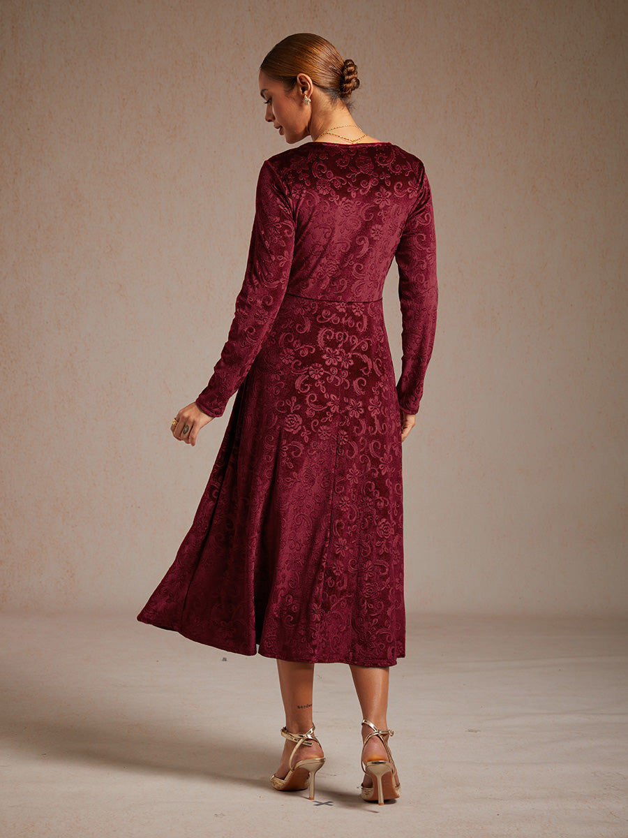 Velvet Midi Dress with Embossed Paisley Pattern