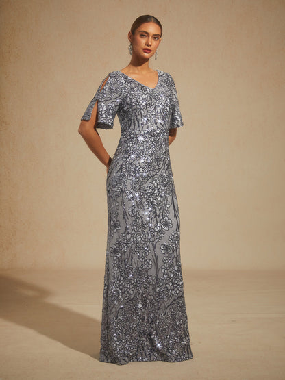 V-Neck Sequin Embroidered Cold Shoulder Evening Dress