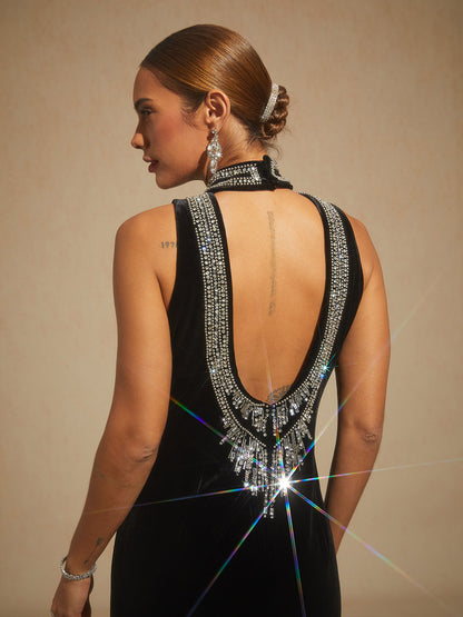 Backless Beaded Stretch Velvet Evening Gown