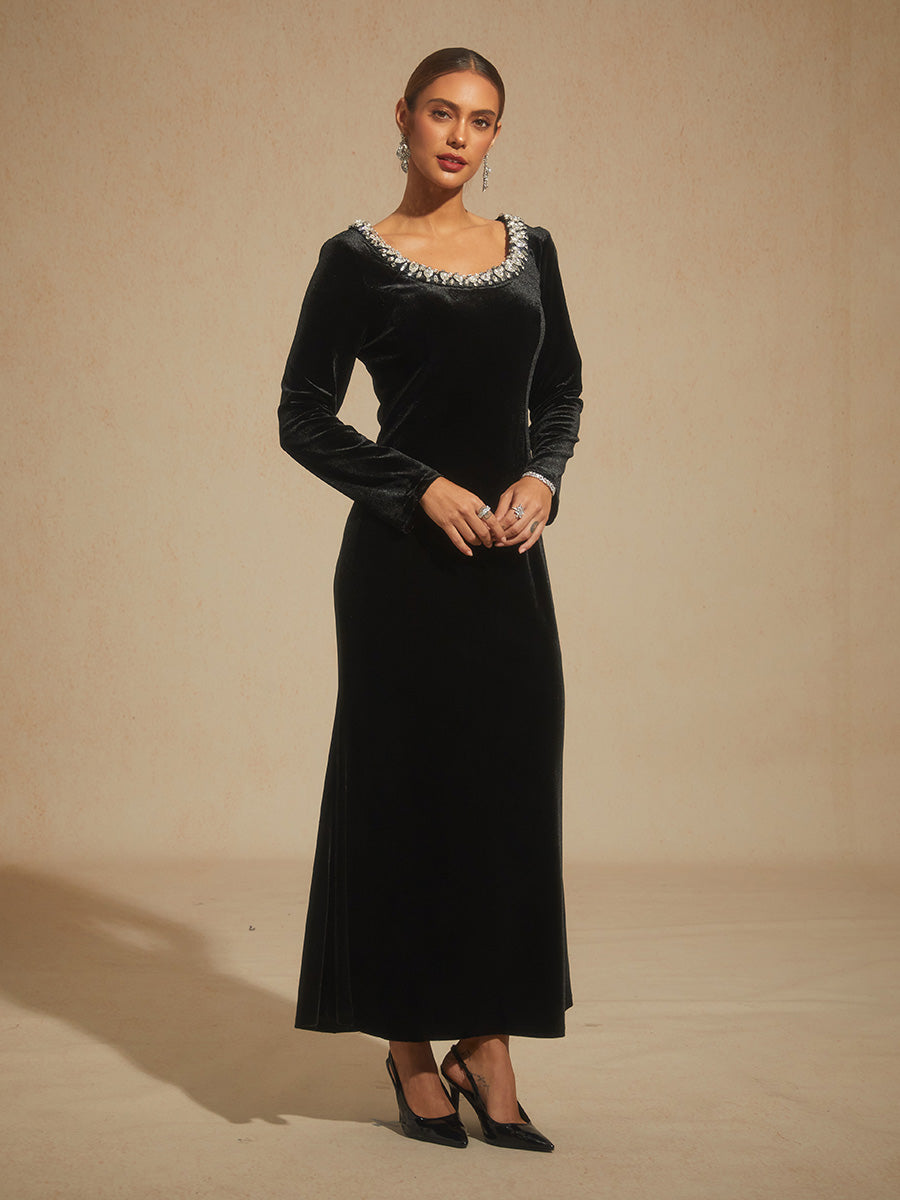 Stretch Velvet Evening Gown with Rhinestone Embellished