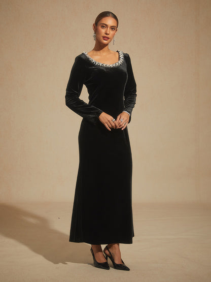 Stretch Velvet Evening Gown with Rhinestone Embellished