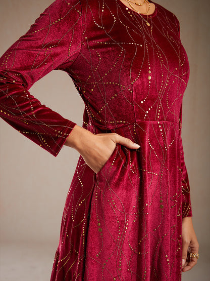 Velvet A-Line Dress Gold Foil with Pockets