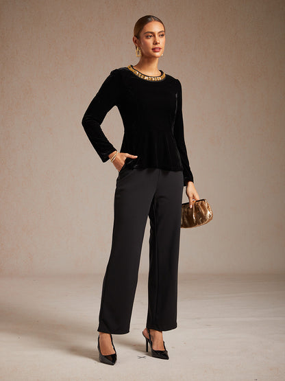 Elegant Stretch Velvet Peplum Blouse with Rhinestone Details