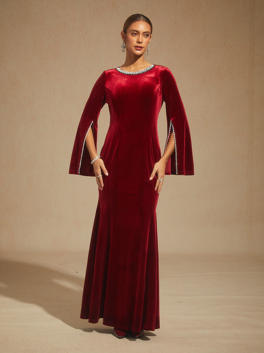 Velvet Evening Gown with Beaded Trim Detail