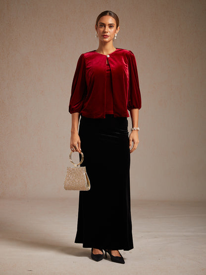 Velvet Puff Sleeves Twinset with Embellished Neckline Closure