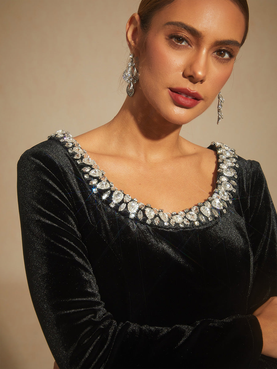 Stretch Velvet Evening Gown with Rhinestone Embellished
